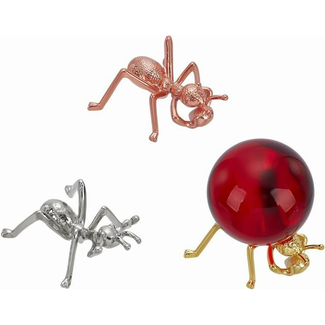 3 soportes expositores esféricos con forma de hormiga, en platino, oro y oro rosa. Tamaño pequeño. Base metálica tipo lente.