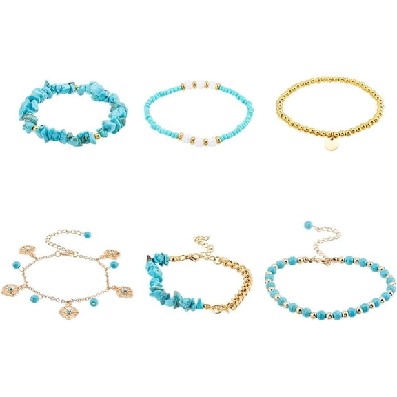 6 Styles Turquoise Beaded Charm Bracelet 6Pcs Gold Turquoise Bracelets Gemstone Chips Beaded Stretch Stackable Bracelets Hollow Flower Pendant Bracelet for Men Women
