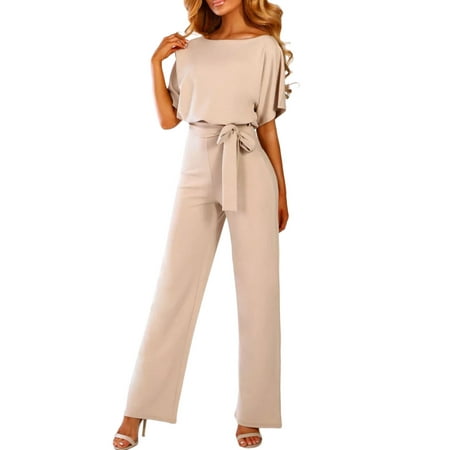 

Womens Elegant Short Sleeve Jumpsuits Fashion Boat Neck Wide Leg Belted Rompers Dressy Casual Solid Summer Overalls