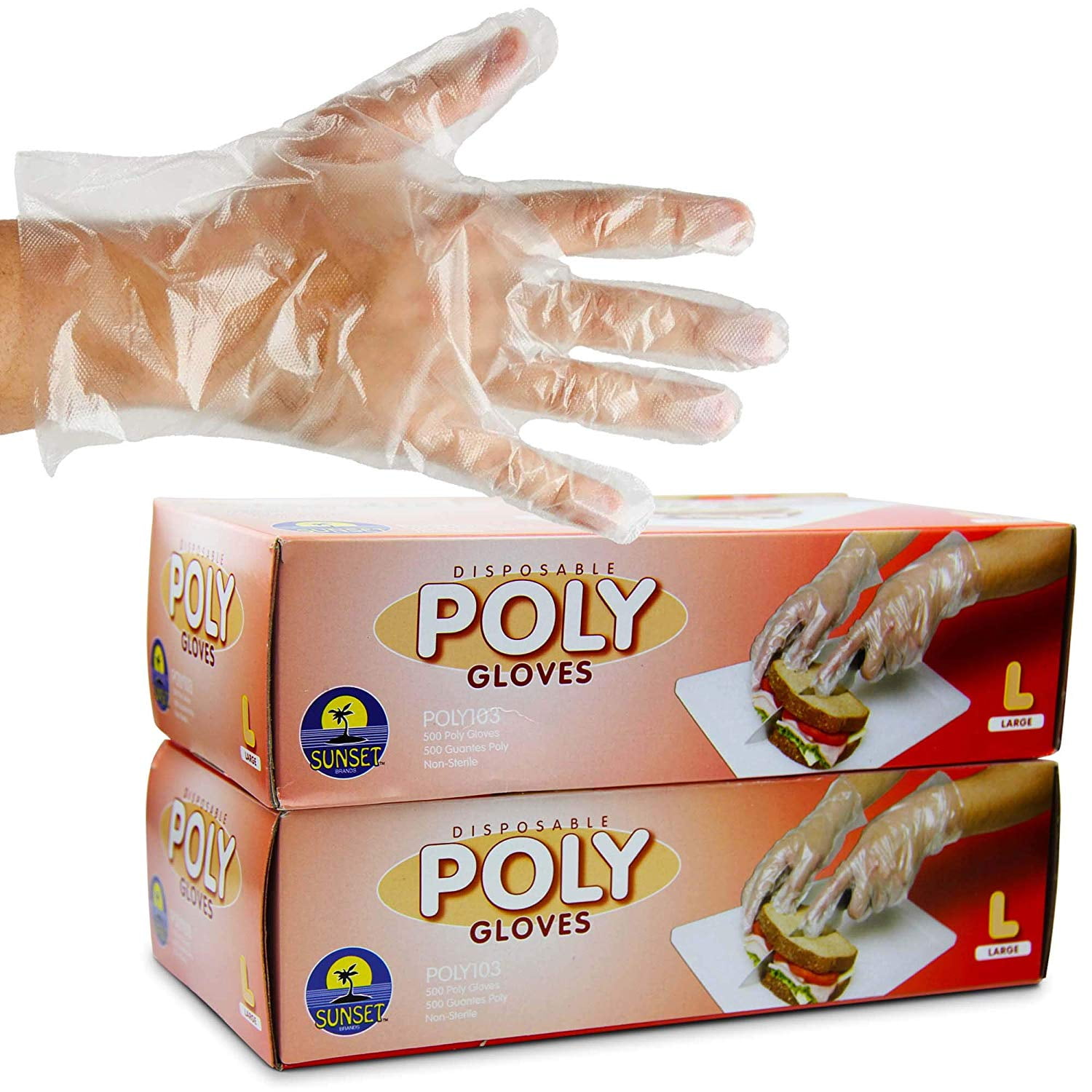 1000 Large Size Disposable Poly Gloves, Powder Free, Smooth Touch, Food Service Grade