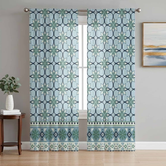 Blue Flowers Sheer Curtains 84 Inch Length 2 Panels Set Window Treatments, Farmhouse Country Abstract Floral Patterned Rod Pocket Semi Curtains for Living Room/Bedroom/Kitchen Décor, 104"W x 84"L