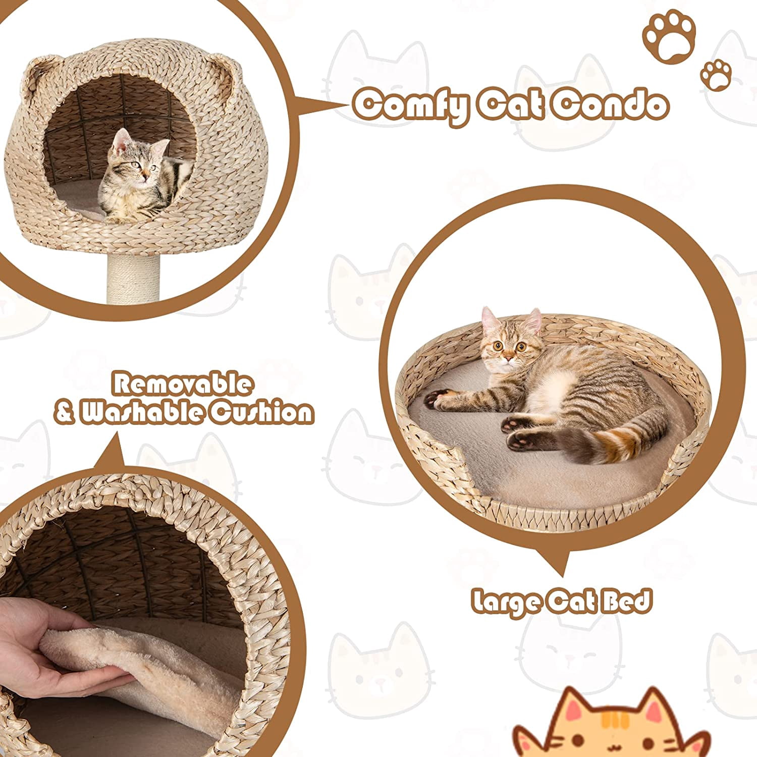 LEHOME Modern Cat Tree Tower, Multi-Level Tall Activity Center with Natural Sisal Scratching Posts, Hammock, Hand-Made Cattail Cute Condo with Funny Toy Balls