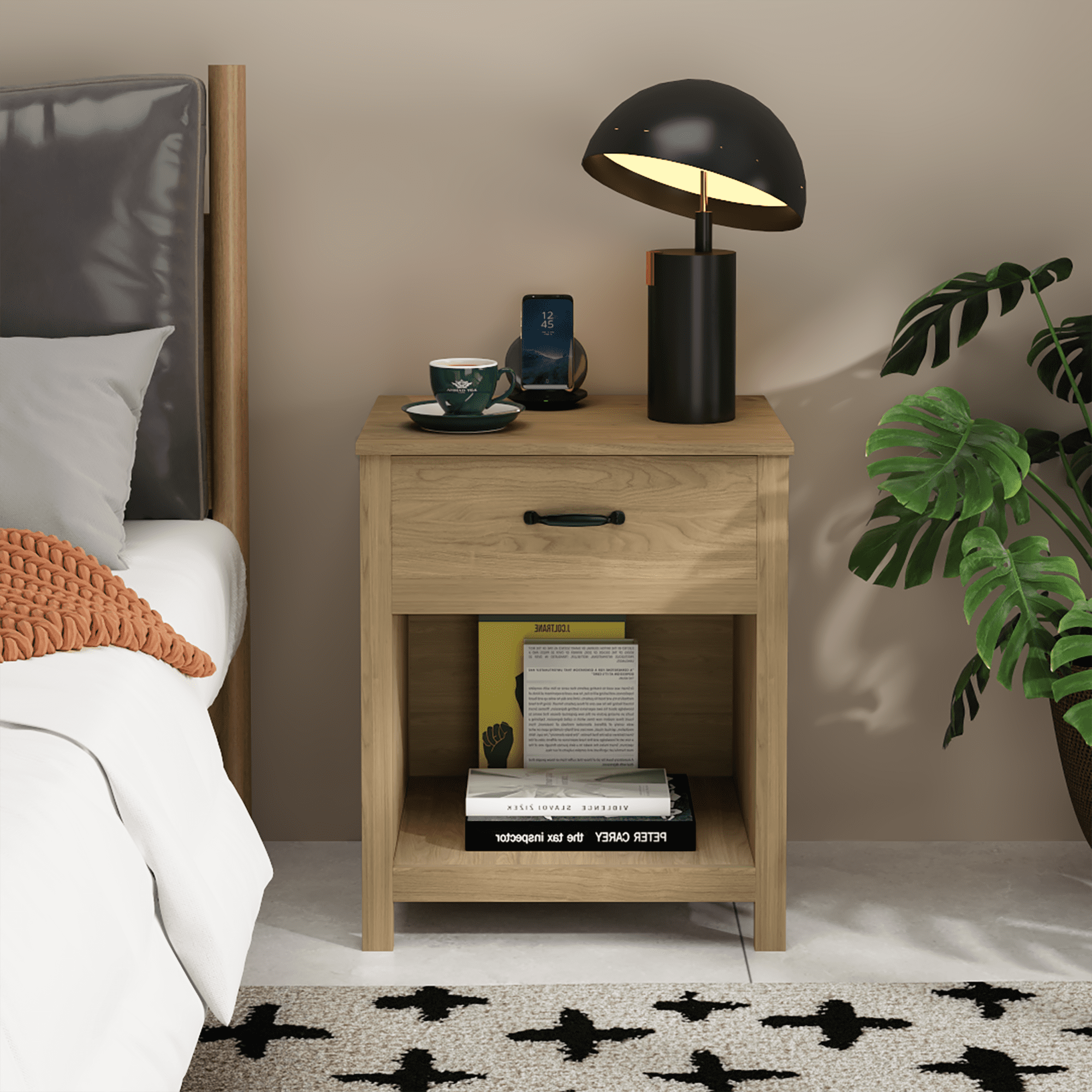 Wood Nightstand with Drawer and Open Shelf, Modern Bedside Table with Storage, Wooden End Table for Bedroom, Living Room or Apartment, Natural Finish, Brown