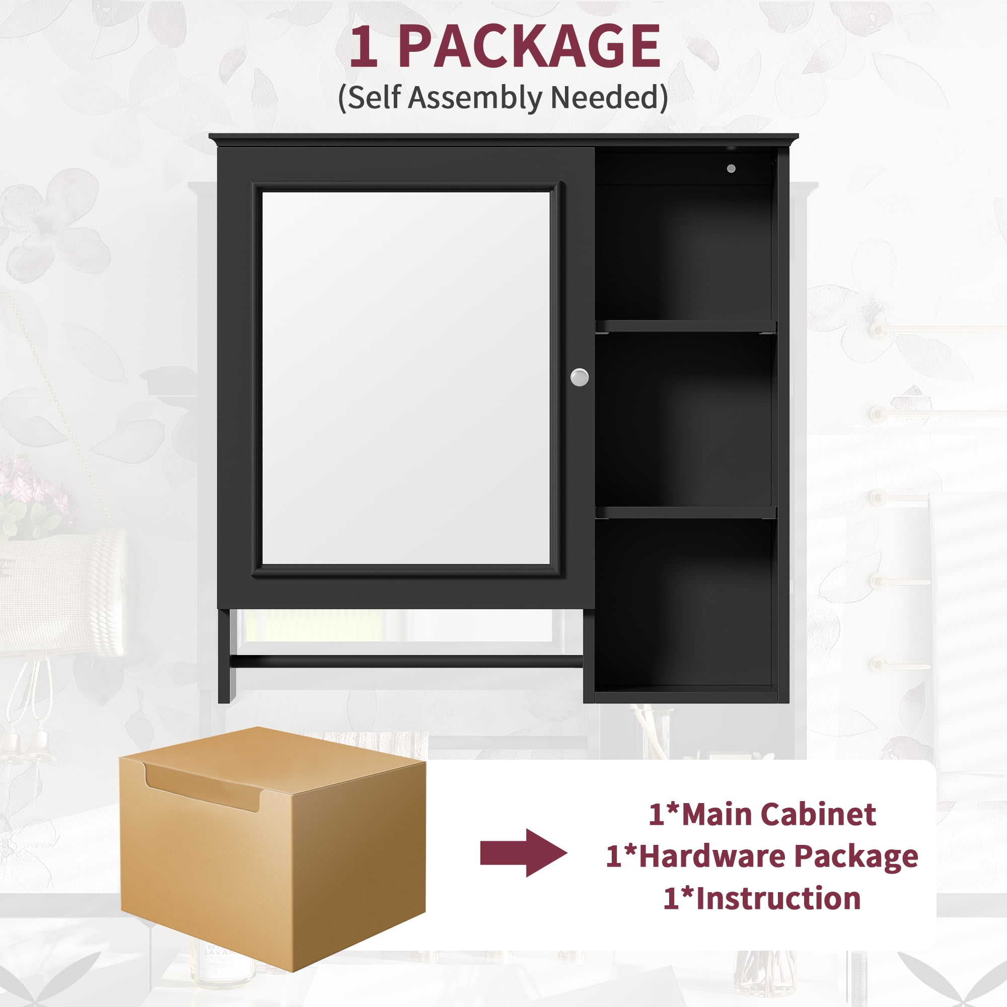 Euroco Wall Mounted Bathroom Storage Cabinet, Medicine Cabinets with large mirror door, adjustable shelves and three open storage levels(Not Include Bathroom Vanity )