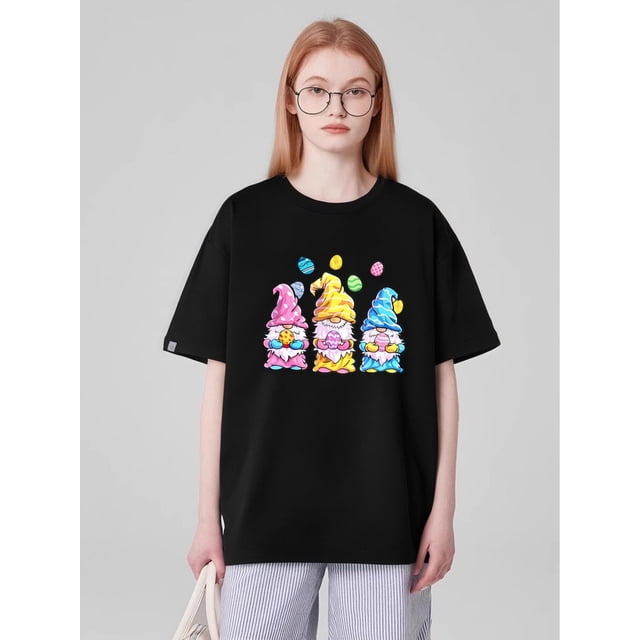 Plus Size Printed Round Neck Short Sleeve T-Shirt for Women in Western Style for Easter.