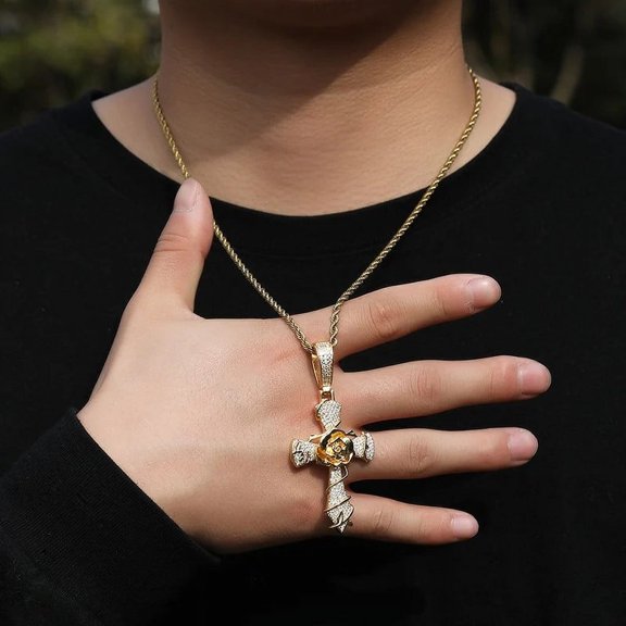 THE BLING KING Rose Flower Vine Micro Paved CZ Dotted Passion mans and Women Religious Cross 14K Yellow Gold Pendant Necklace Vintage Jewelry Gift Friend