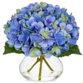 thumbnail image 1 of Flores artificiales Hollyone Hydrangea con jarrón de vidrio azul-verde, 1 of 7