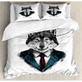 thumbnail image 1 of Wolf Duvet Cover Set King Size, Business Animal in Suit with Jacket Shirt and Tie Sketch Style Hipster Print, Decorative 3 Piece Bedding Set with 2 Pillow Shams, Teal Vermilion Black, by Ambesonne, 1 of 3