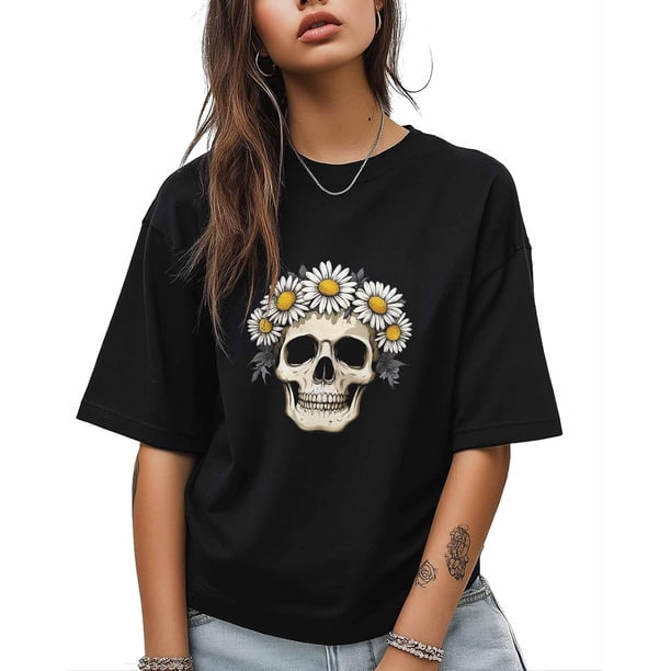 T Shirts for Women,Daisy Flower Skull T Shirt Short Sleeve Loose Fit Tee Tops Crewneck Womens Casual T-Shirts for Teen Girls