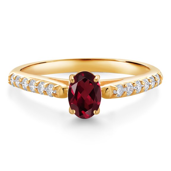 Gem Stone King 10K Yellow Gold Red Rhodolite Garnet and White Lab Grown Diamond Engagement Ring for Women (0.68 Cttw, Oval 6X4MM, Gemstone January Birthstone, Size 8)