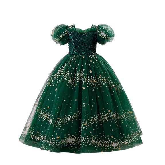 Odeerbi 8-13 Years Child Teen Girls Sequin Sparkle Tulle Ball Gown Puffed Sleeve Maxi Princess Dress for Wedding Pageant Party