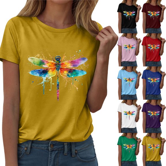 GEWSEY Women's Dragonfly Graphic Tees Trendy Casual Loose Summer Funny Cute Printed Short Sleeve Shirts Tops (White, 3XL)