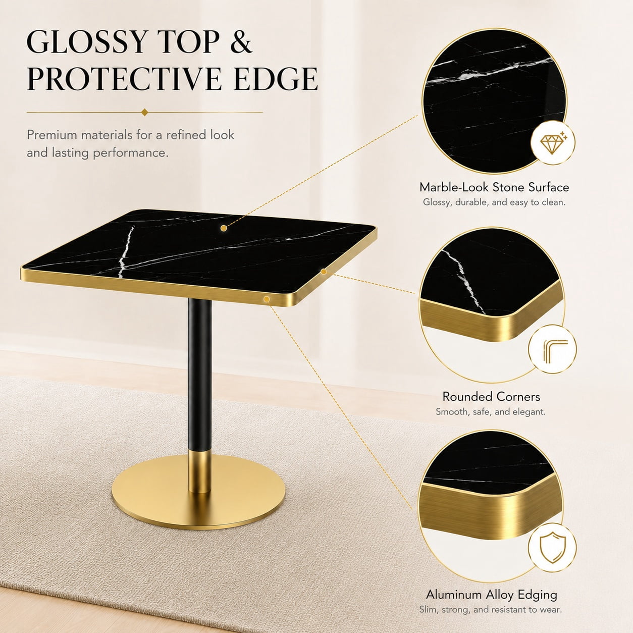 Aukfa 31.5" Square Dining Table for 2-4, Marble-Look Sintered Stone Top, Gold Pedestal Base, Small Spaces,Black Onyx