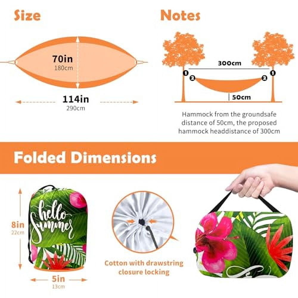 Hammock Double & Single Portable Hammocks with Storage Bag Travel Camping Beach Hiking Backpacking Patio Backyard-Indoor Outdoor Gear Hello Summer Tropical Floral Palm