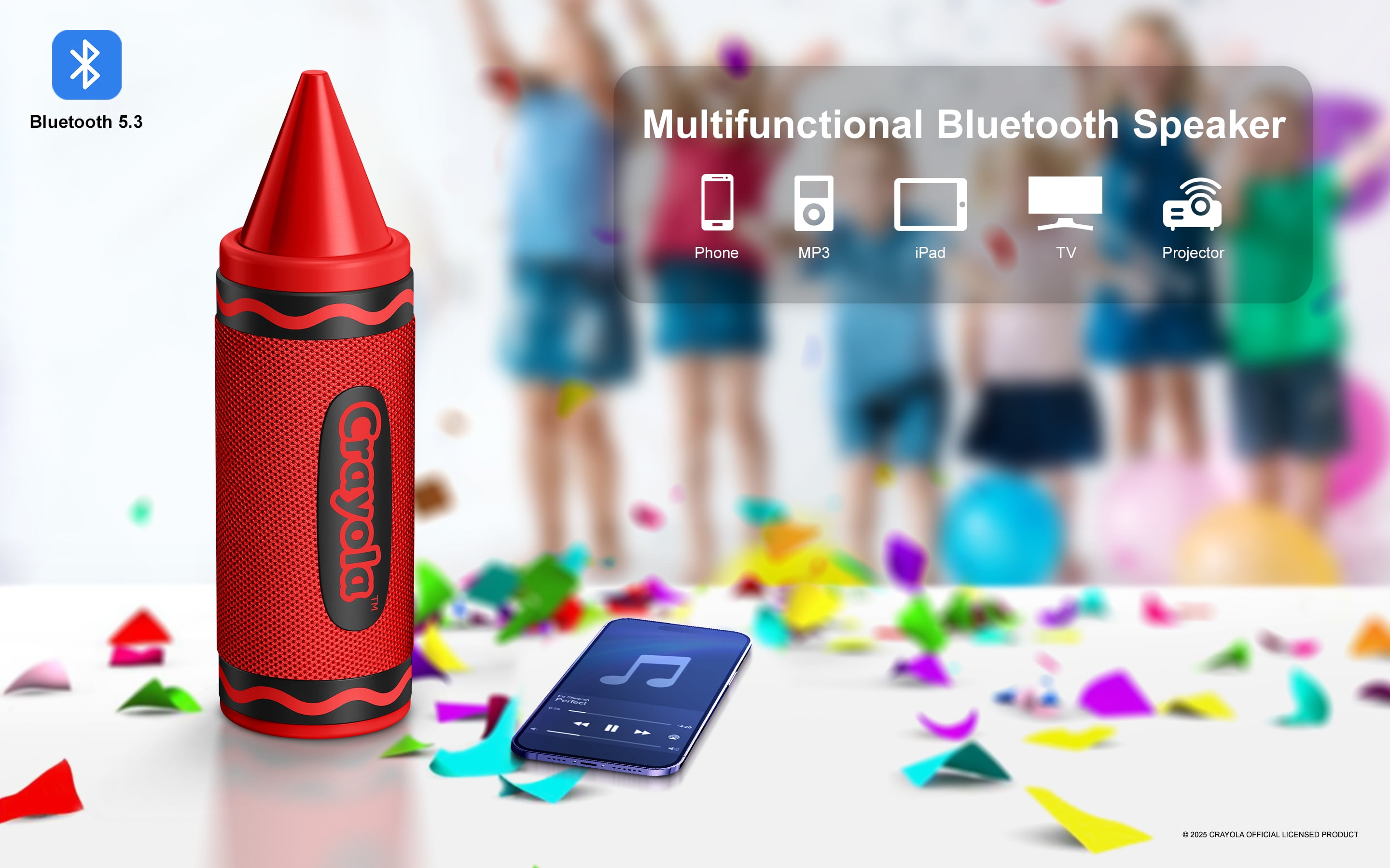 Crayola Kids Crayon Bluetooth Wireless Portable Speaker 20W PEAK Power HD Sound; Long Lasting Battery;1500mAh Battery All Day Playtime, TWS Pairing, BT 5.3, FM Radio Home/Party/Outdoor/Travel/Camping
