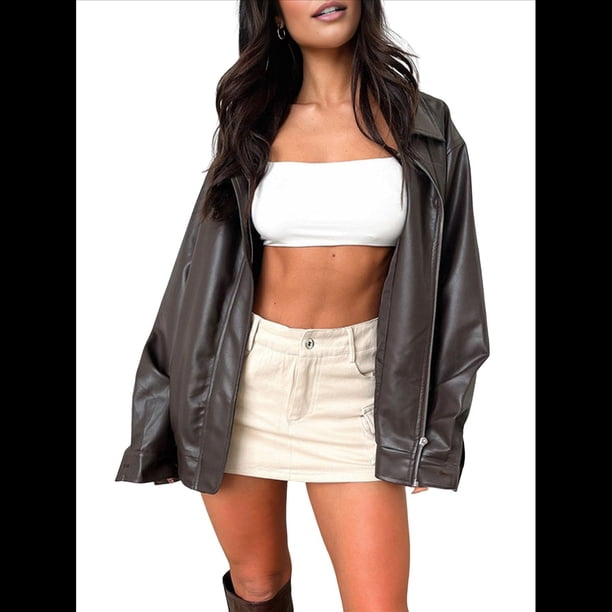 Chaqueta de Sintético para Mujer, Estilo Motociclista, de Gran Tamaño, Estilo , para Otoño e Invierno Café L