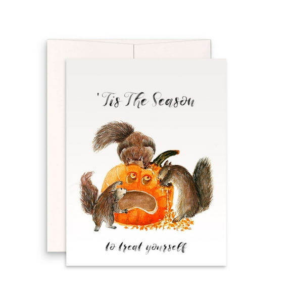 Whimsical Pumpkin Card - 'Tis The Season to Treat Yourself - Adorable Squirrels Design - Blank Inside - Perfect Fall Greeting Card for Friends and Family