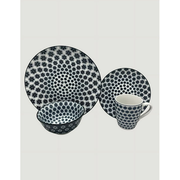 Royal Haus By Apolo | Vajilla de Cerámica Elegante de 16 Piezas: Taza, Tazon, Plato Ensaladero Y Plato Trinche 3A109 Azul