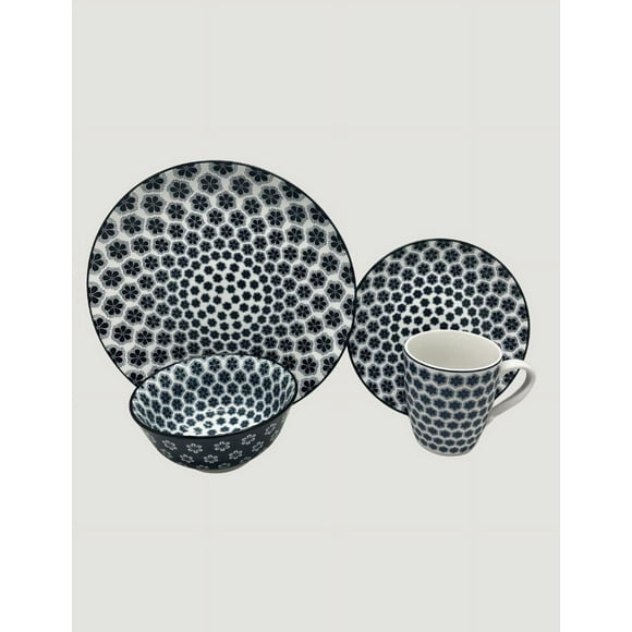 Royal Haus By Apolo | Vajilla de Cerámica Elegante de 16 Piezas: Taza, Tazon, Plato Ensaladero Y Plato Trinche 3A109 Azul