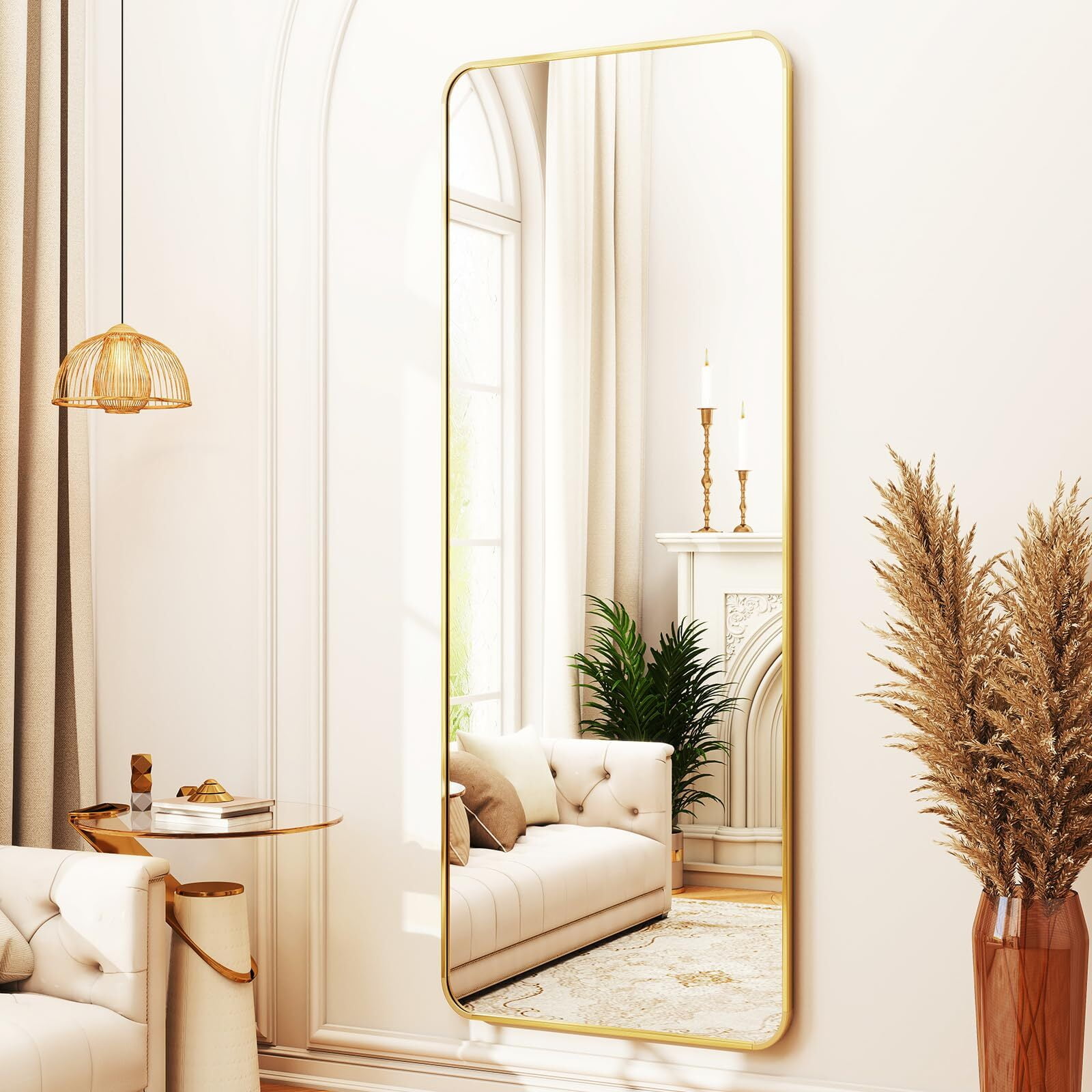 Mirstory 56"x 21.2" Full Length Mirror Standing Full Body Mirror with Rounded Corners, Gold