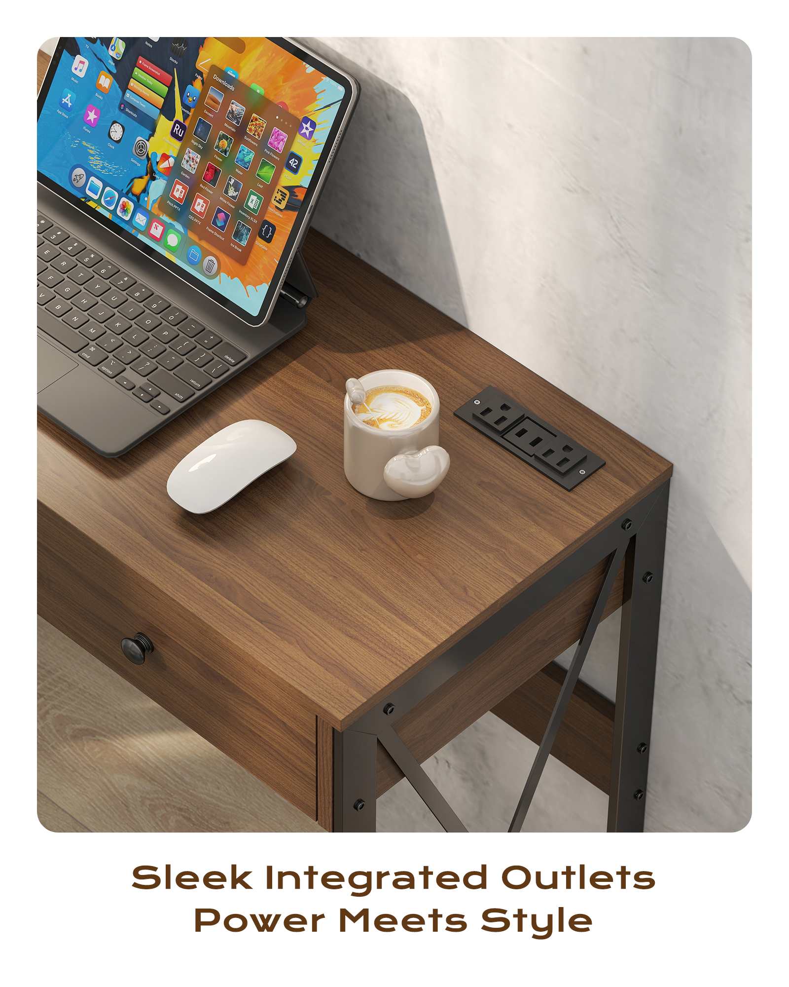 Manora Home Office Desk, Computer Desk Small PC Table with 2 Drawers, X Shaped Legs, Walnut