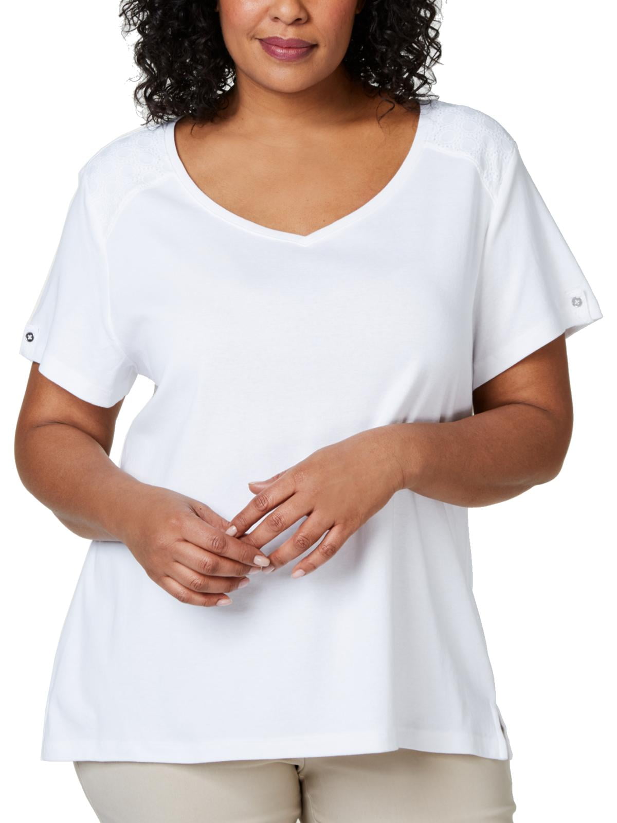Karen Scott Womens Plus Cotton Eyelet T-Shirt White 1X - Walmart.com