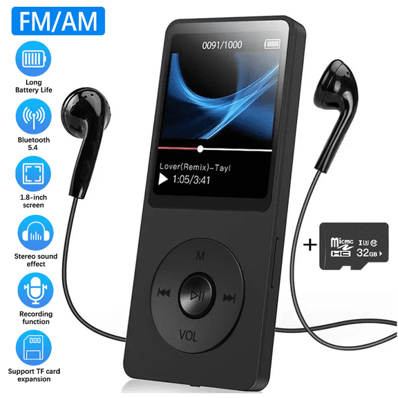 Bluetooth MP3 Player, 32GB Music Player with Earphones, Portable 2.4" Screen HiFi Lossless Sound MP3 Music Player with Speakers FM Radio Voice Recorder for Walking Running Support up to 128GB