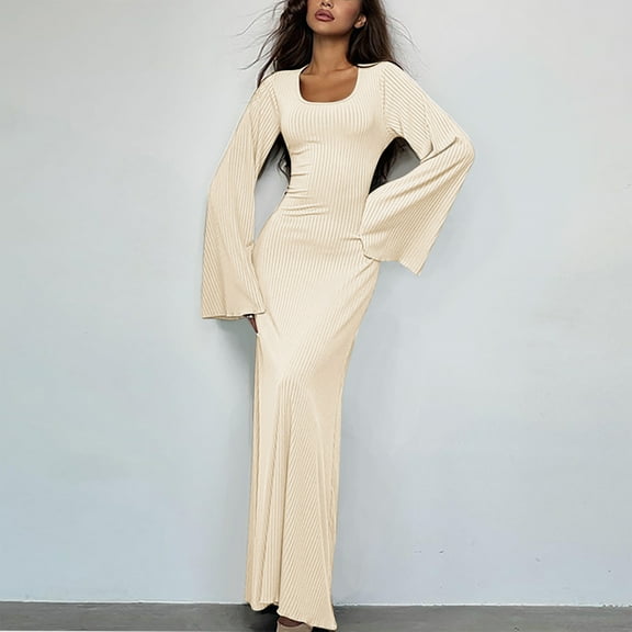 Blczomt Beige Womens Y2K Dresses Plain Puff Sleeve Party Maxi Bodycon Birthday Square Neck Sexy Dress