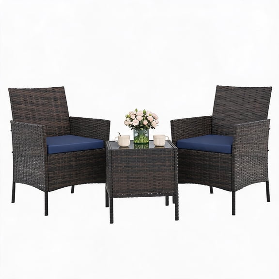 3 Pieces Patio Furniture Set, Outdoor Conversation Set with 2 Chairs and Glass Top Side Table, Modern Bistro Set for Porch Balcony Backyard Garden Small Spaces