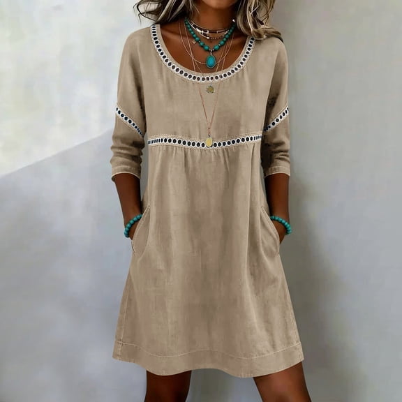 Ayolanni Solid Dresses for Women 2026 3/4 Sleeve Fashion Crew Neck Midi Shift Dress Casual Going Out Patchwork Daily Wear Cotton Sundress with Pockets Beige L