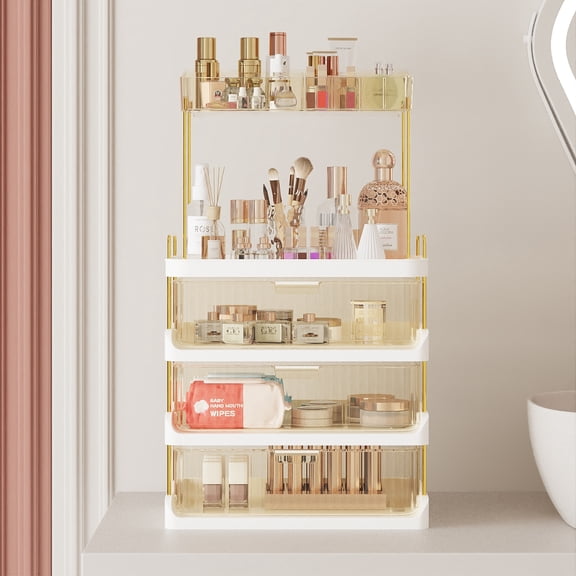 Yoneston 4-Tier Vanity Organizer with 3 Drawers, 22”H Large Storage Bathroom Countertop Organizer, Multi-Purpose Makeup Organizer Countertop Cosmetics, Amber