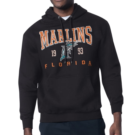 Men's-Starter  Black Miami Marlins Distressed Fleece Pullover Hoodie
