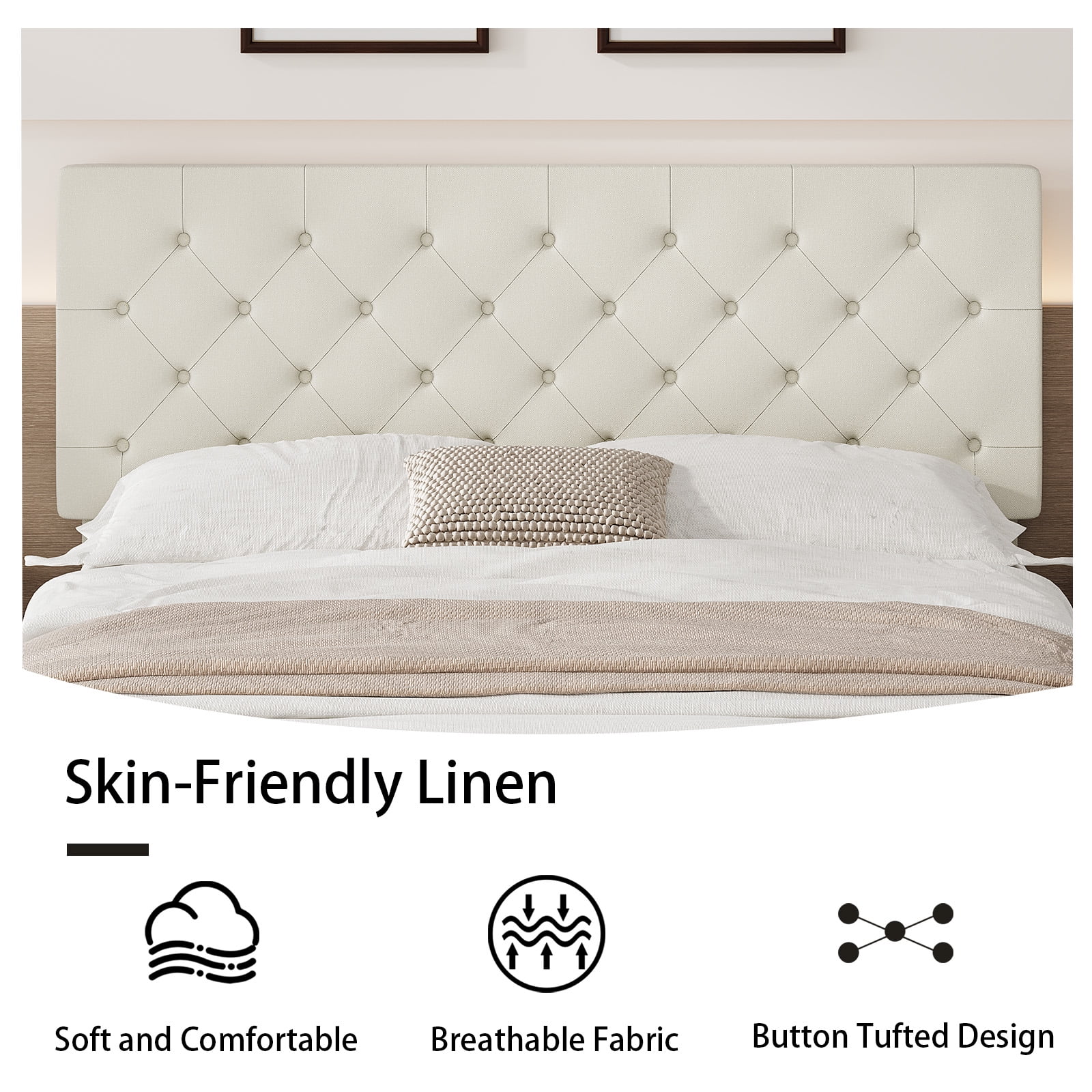 4 Ever Winner Full Size Upholstered Platform Bed Frame with Headboard, Cream