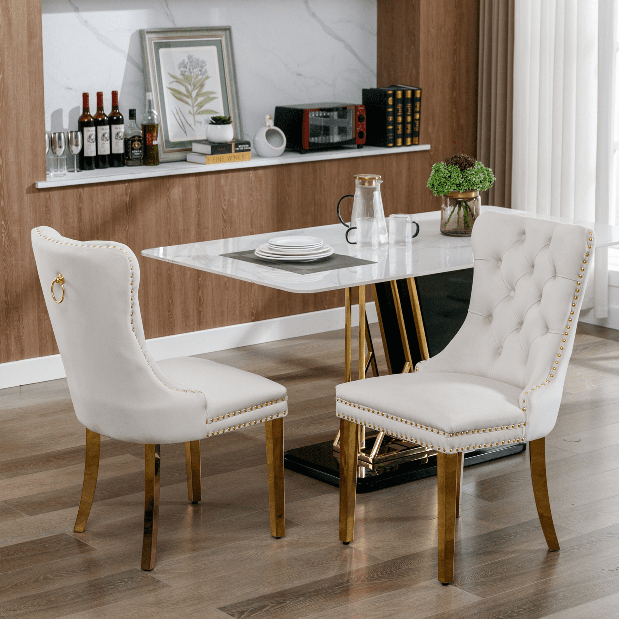 LegaHome Dining Chairs Set of 2, Modern Upholstered Velvet Dining Room Chairs with Nailhead Trim and Golden Stainless Steel Plating Solid Wood Legs, Tufted Button Padded Chairs Set for Kitchen, Beige