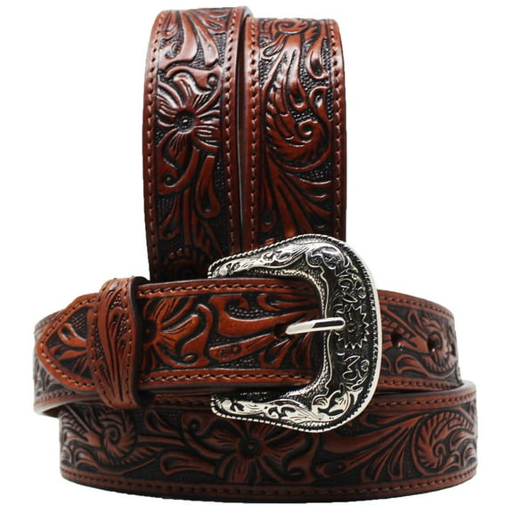 38 Western 1-3/4" Tapered Floral Tooled Full-Grain Brown Leather Belt 26RS04T