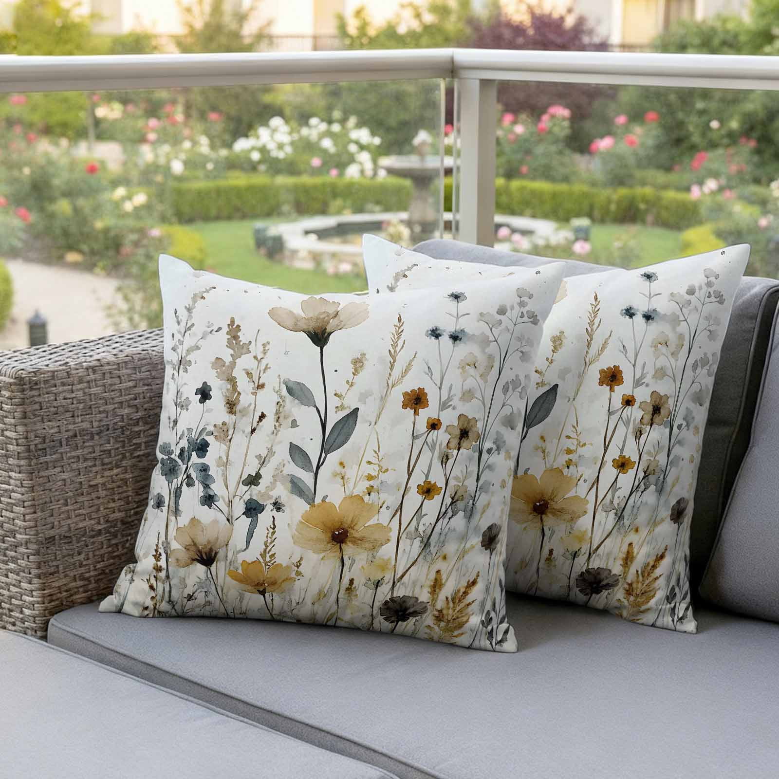 Watercolor Botanical Floral Outdoor Waterproof Pillow Covers, Farmhouse Garden Decorative Square Throw Pillowcase Sofa Cushion Sham for Patio/Couch/Chair, 18"x18" 2 Pack