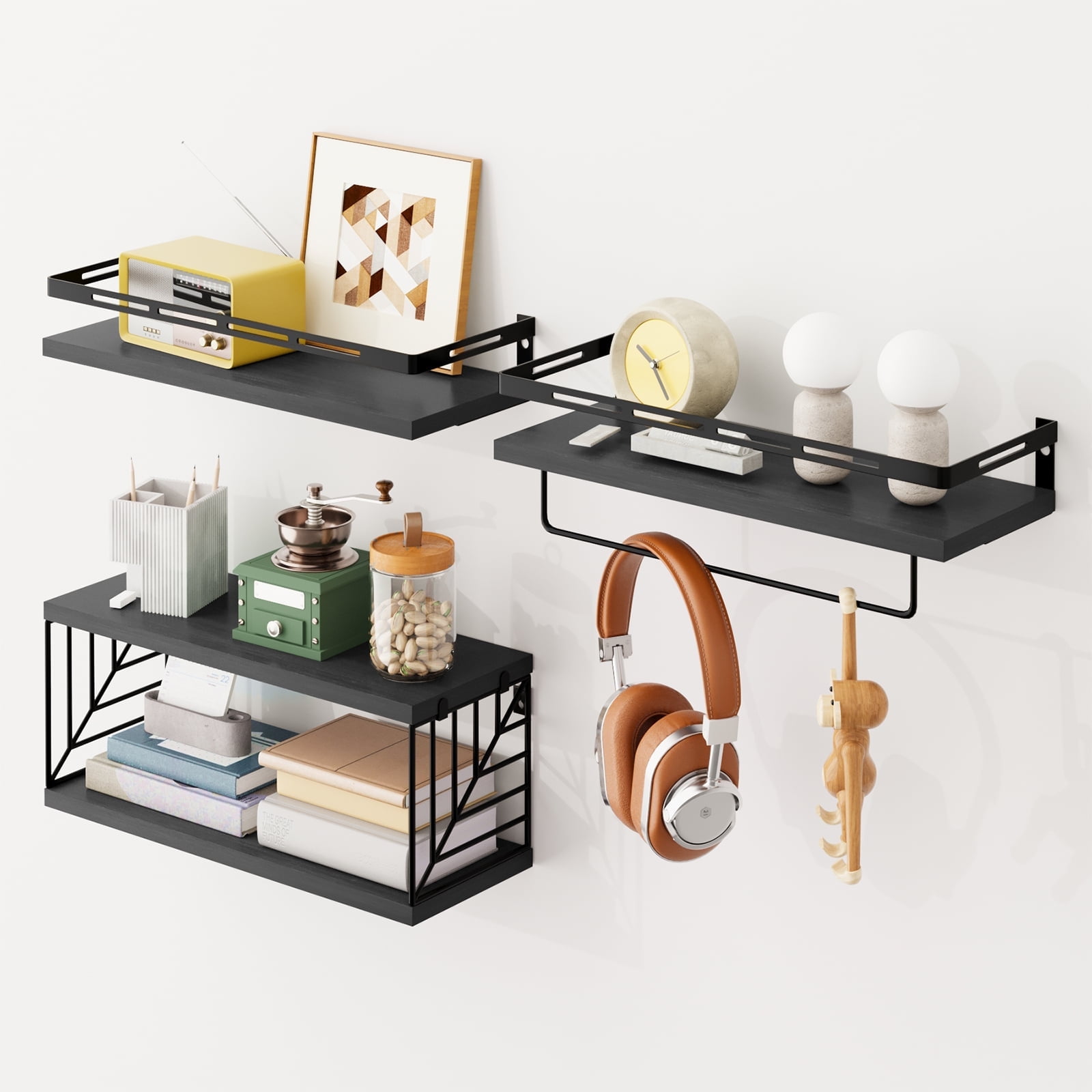 Fairy 4pcs Bathroom Floating Shelves Over Toilet, Wall Shelves with Towel Bar for Bathroom, Living Room (Black)