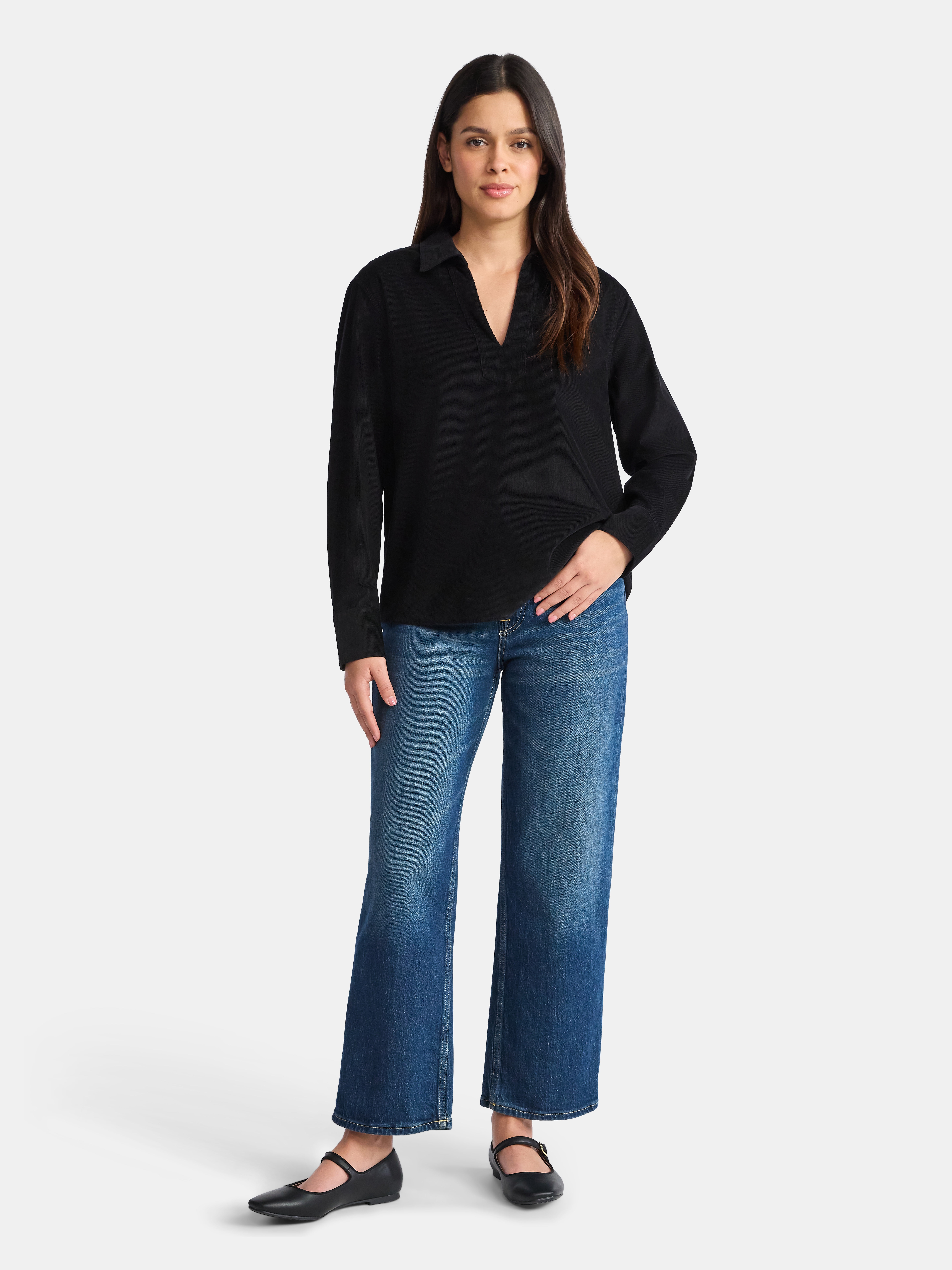 Time and Tru Women's Cotton Corduroy Popover Shirt with Long Sleeves, Sizes XS-XXXL