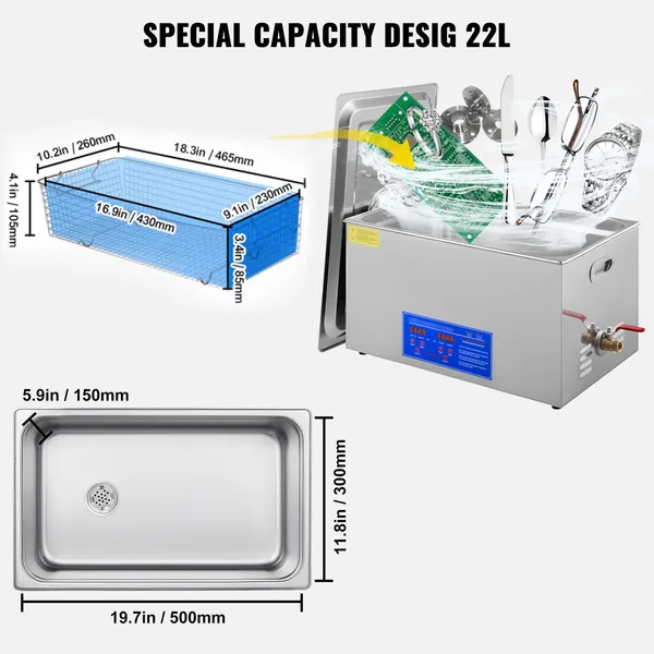 22L Industrial Ultrasonic Cleaner with Digital Timer Heater 40kHz Professional 110V for Wrench Tools Parts Metal Apparatus Excellent Cleaning Effect
