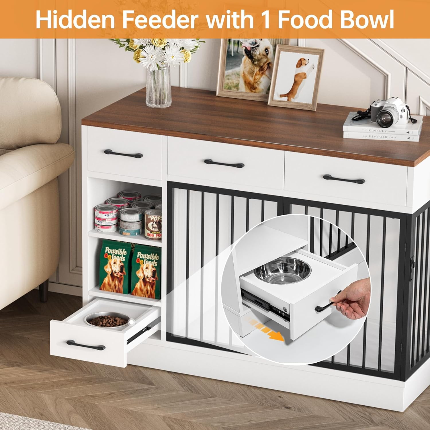 Selooye Large Dog Crate Furniture, Sturdy 2-Door 47.2" Wooden Furniture Style Crate for Dogs with 3 Storage Drawers and Hidden Feeding Bowl