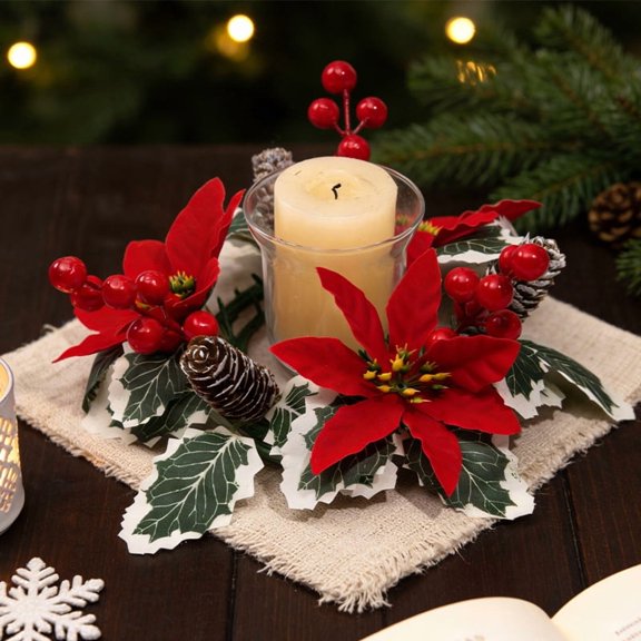 9.45 Inch Christmas Wreath Candle Rings, Artificial Winter Pine Cone Berry Candle Holder Christmas Pine Cone Berry Wreath For Christmas Winter Party Table Centerpieces Decor