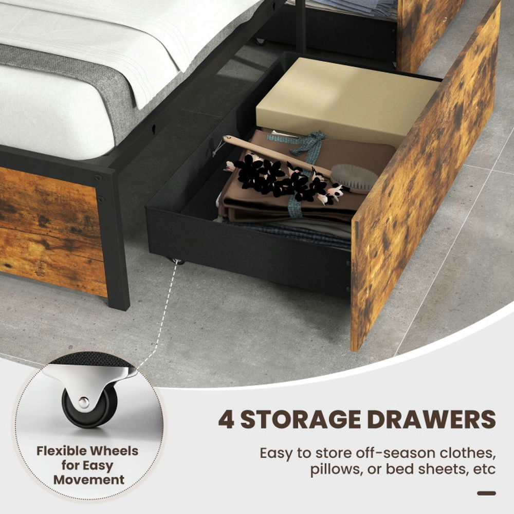 Resenkos Modern Bed,Frame Bed, Twin/Full/Queen Bed Frame with LED Lights Upholstered Headboard and 4 Storage Drawers-Twin size