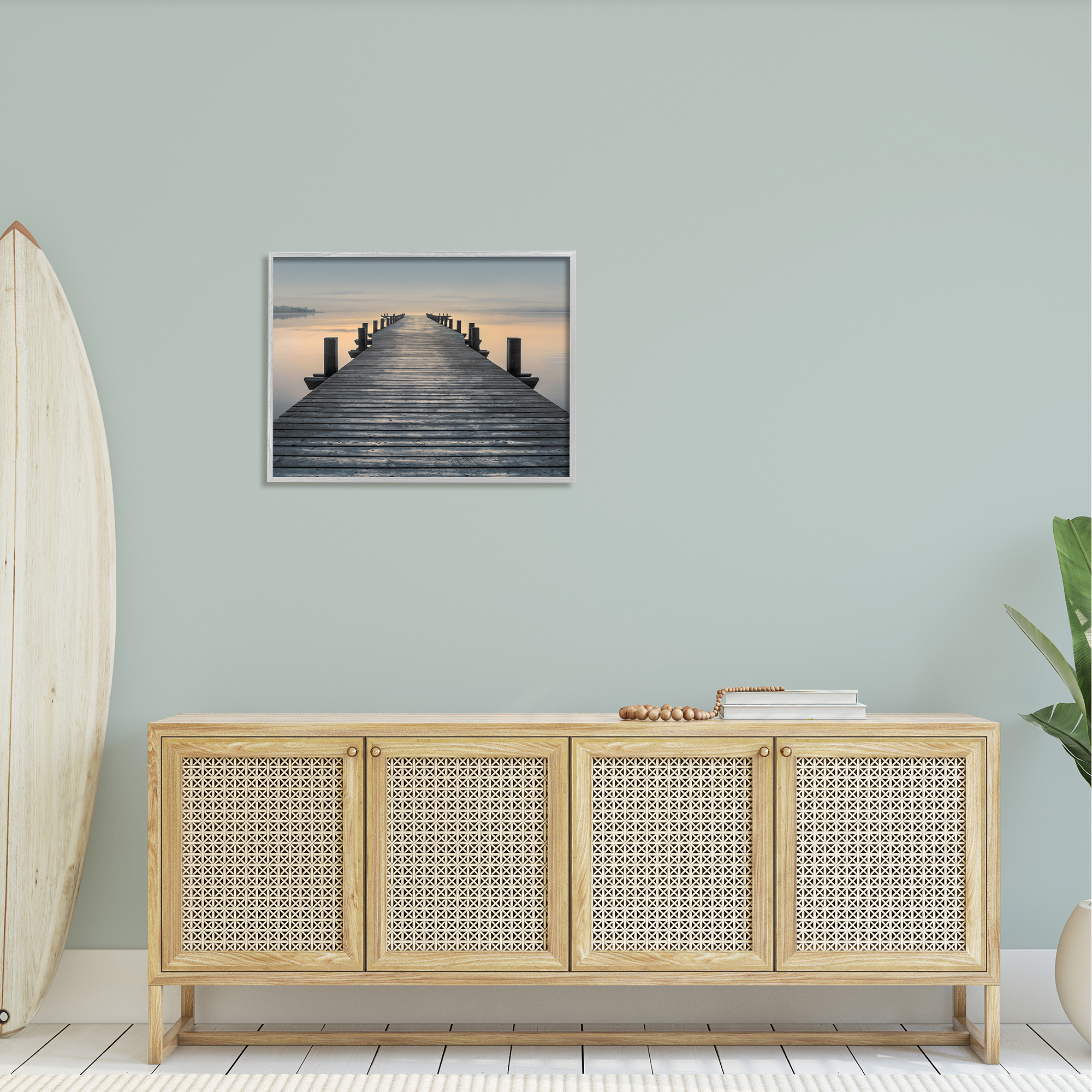 Stupell Industries Quiet Serene Dock Pier Foggy Morning Sunrise Scenery Photography Gray Framed Art Print Wall Art, 30x24, by Mike Calascibetta