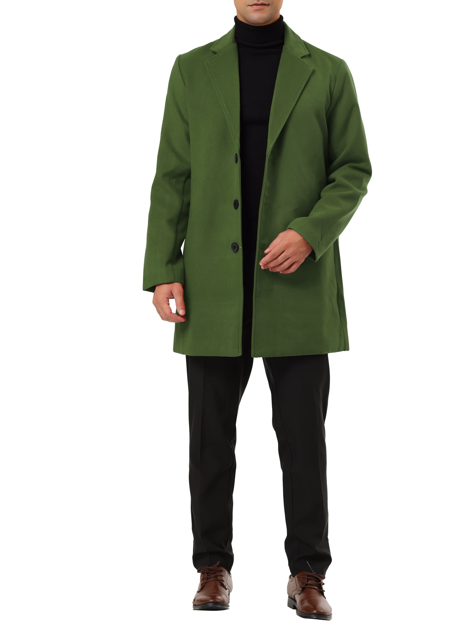 Unique Bargains Men's Slim Fit Notched Lapel Single Breasted Mid Length Overcoat M Green
