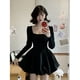 thumbnail image 3 of Vestido mini negro Y2K para mujer, vestido coreano de una pieza con cuello cuadrado y manga larga, vestido elegante ajustado para fiesta de graduación, 3 of 4