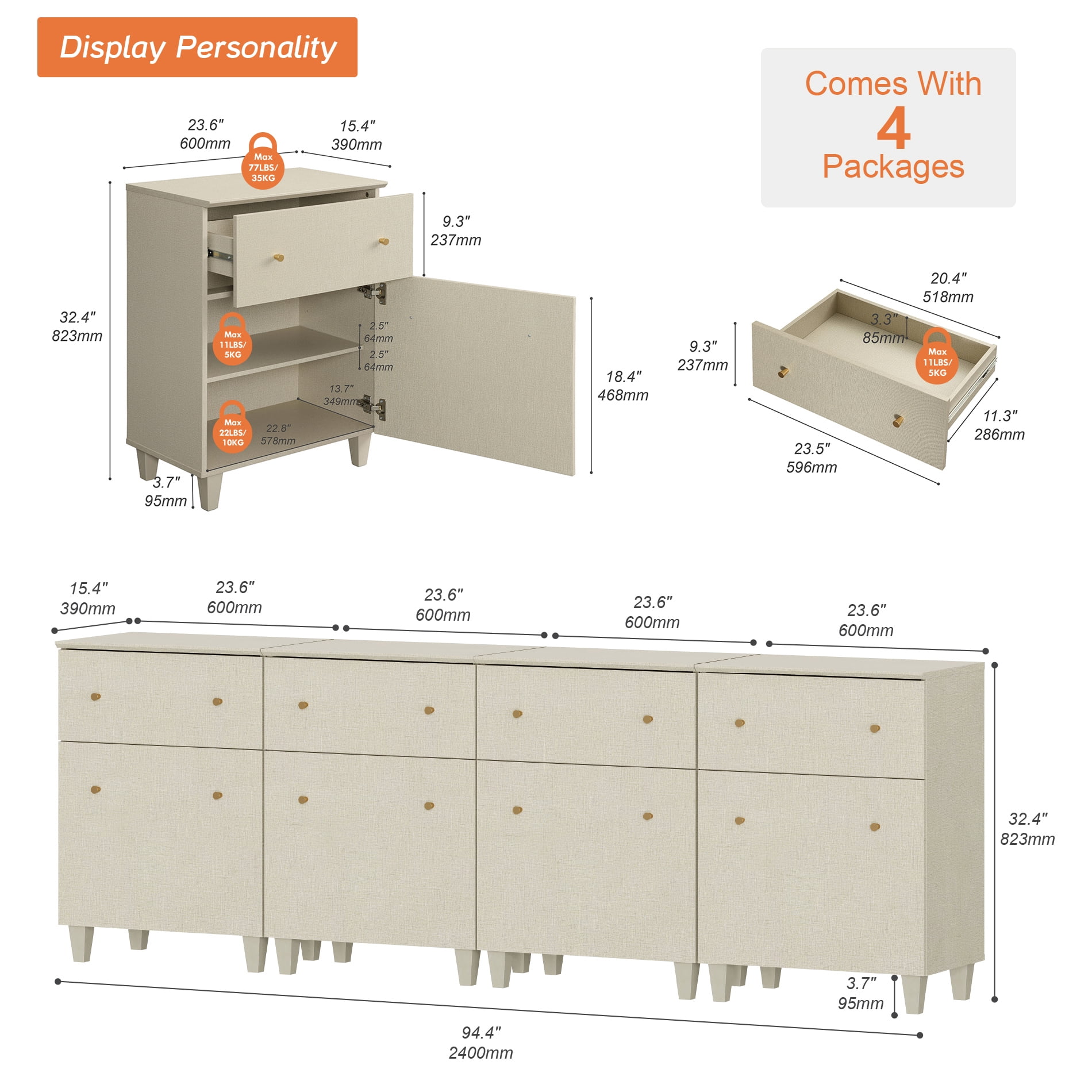 WAMPAT 4-in-1 Wood Dresser with 4 Drawers and 4 Cabinets for Bedroom, Modern Chest of Drawers, 94" Wide, Beige Linen Printed Finish