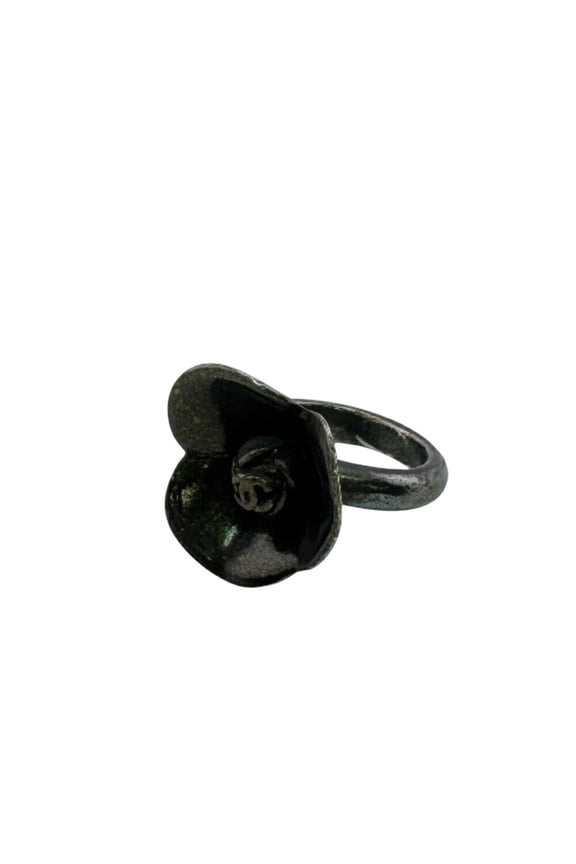 Pre-Owned CHANEL Flower Motif Camellia 01A Coco Mark Ring, Black, Women's (Good)