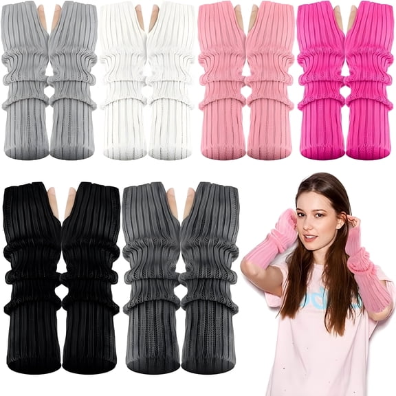 TELOLY Womens Girls Fingerless Gloves, Winter Warm Knit Crochet Thumbhole Arm Warmers, Cute Lolita Costume School Arm Warmers Sleeves