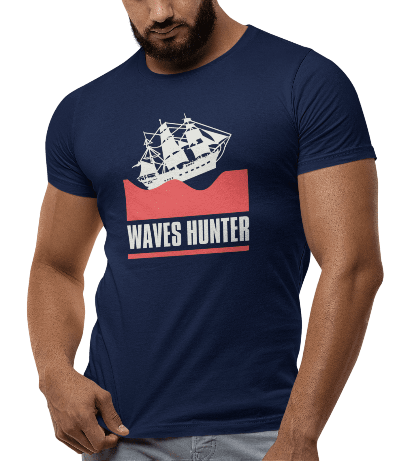 Short Tee T-Shirt HUNTER Sleeve (Navy WAVES Ships Ocean rigging Unisex kiMaran Ship M)
