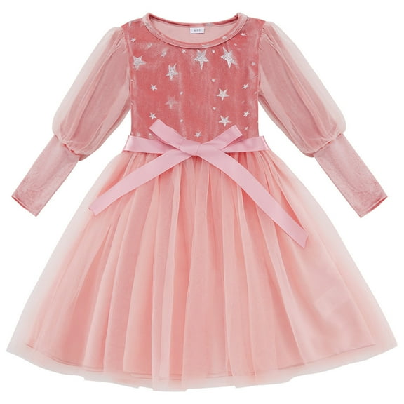 Usaibhir Girls Velvet Dress Flutter Long Sleeve Round Neck Tutu Shiny Midi Party Wedding Big Bowknot Tulle Clothes for Special Occasion 2-6T